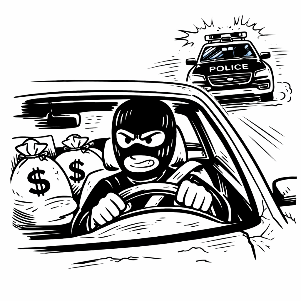 Picture of bank robber with police in pursuit.