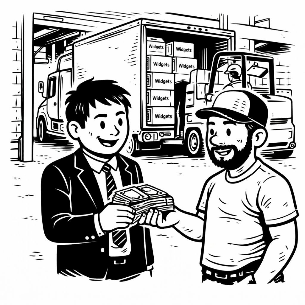Picture of factory owner getting paid for truck load of goods as it�s being loaded on the factory bay.