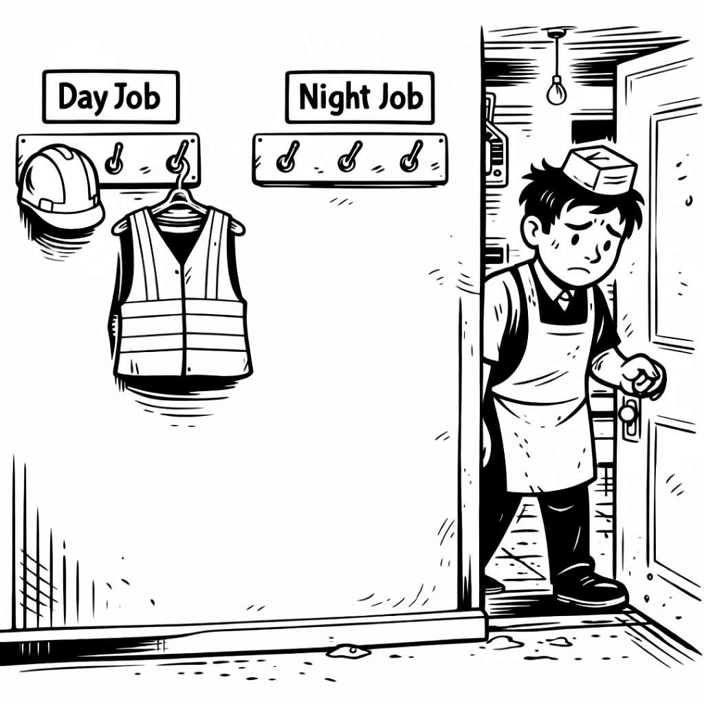 Picture of person clocking out of one job and into another (perhaps taking off construction helmet and putting on evening waiter uniform: two clothes hooks: one labeled �Day Job� with construction clothes & helmet; and the other labeled �Night Job� with waiter�s uniform) versus person/family living in a squalid apartment.