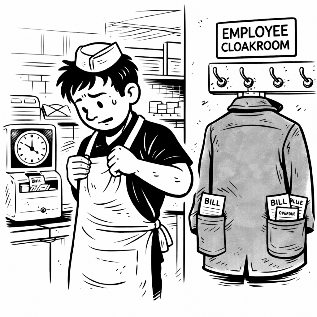 Picture of employee in fast food restaurant putting on uniform/apron to start work with handbag next to her from which is protruding several overdue bill statements.