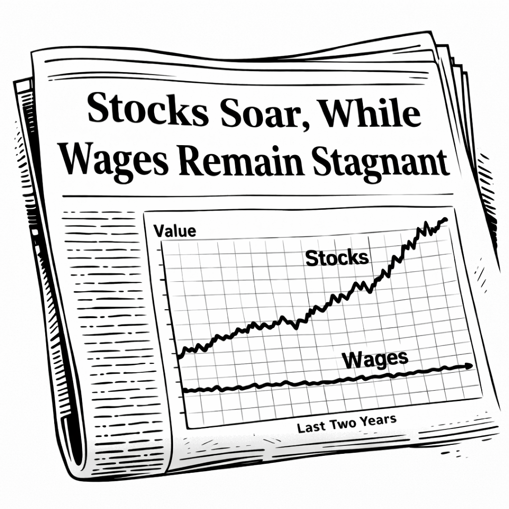Picture depicting stock prices rising while workers� pay checks stagnate or decline.