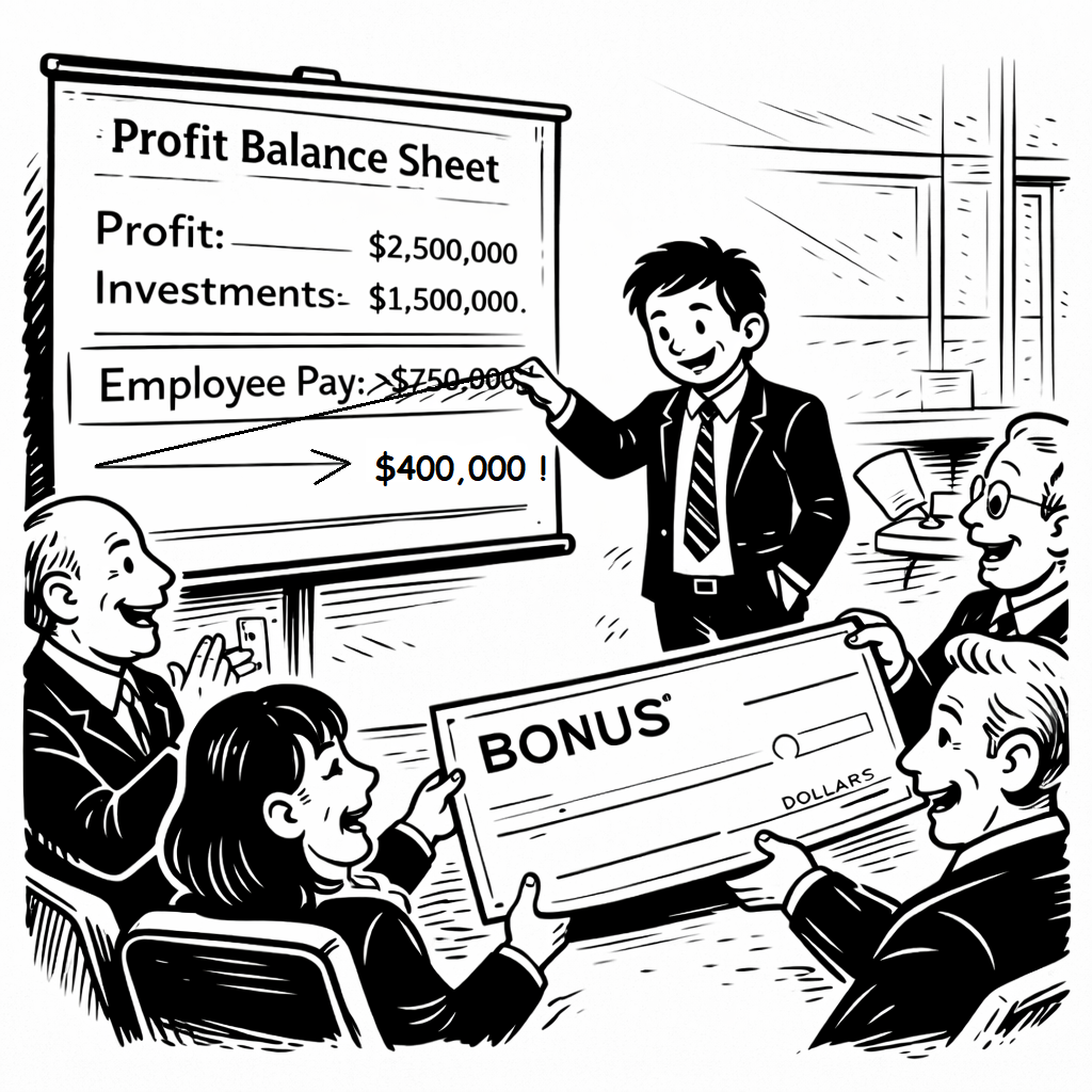 Picture of executive doing presentation to board of directors showing profit balance sheet and striking out the number for the line item for employee pay and reentering a lower number. Board of directors are joyous and are handing him a large bonus check.