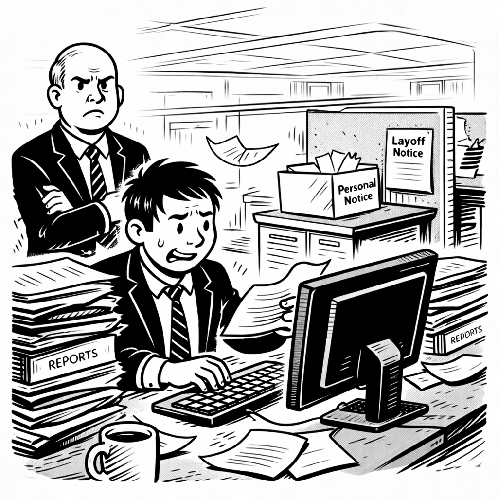Picture of manager looming over desk employee as employee frantically tries to take on additional work of co-worker who is in the background leaving his desk with a box of personal items having been laid off.
