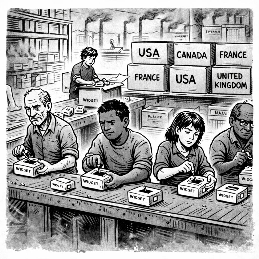 Picture of factory with impoverished workers making electronics etc. to be shipped to wealthy nations.