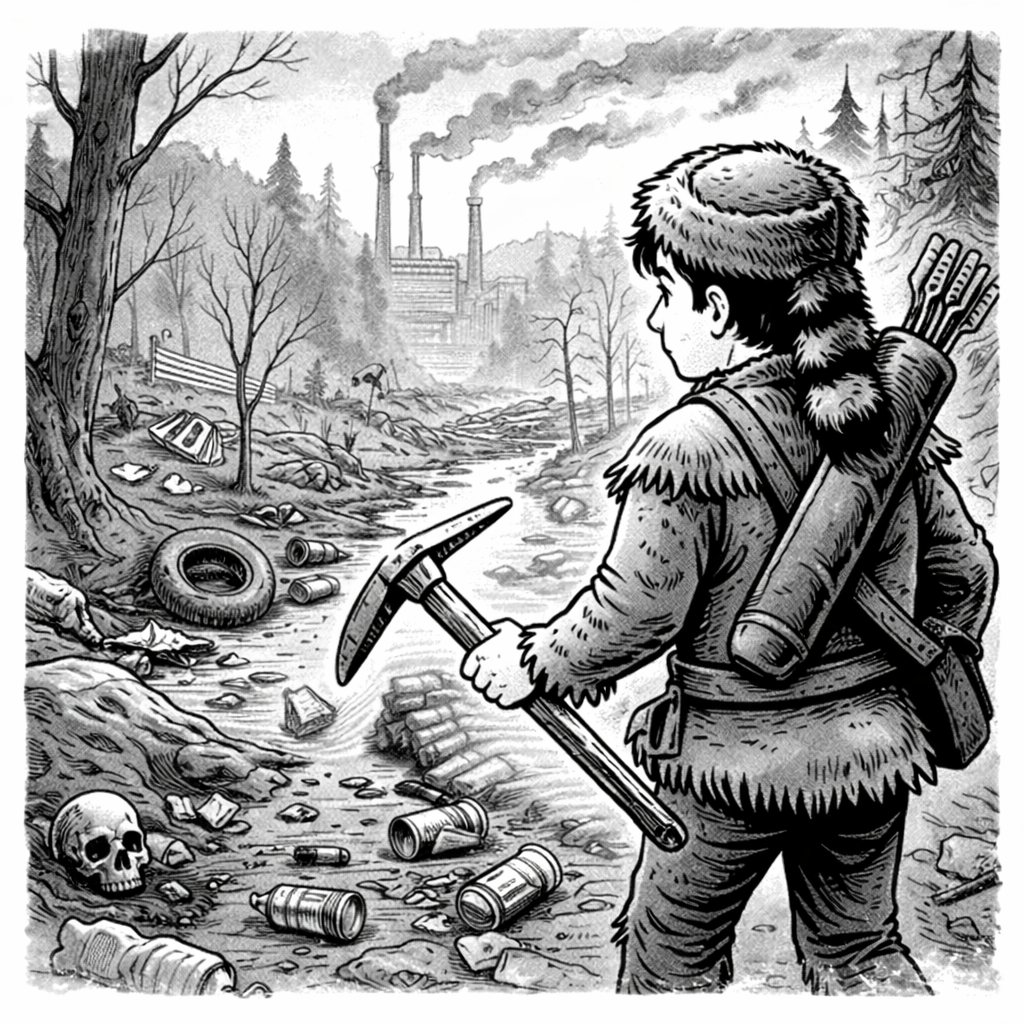 Picture of someone or family setting out into �uncontrolled free lands� with bow and arrow and basic farming implements, but on arrival finding the land is desolate and barren and has been ruined by trash, unregulated waste disposal, mining and deforestation and polluted rivers/streams