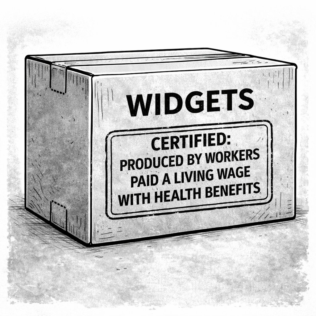 Picture showing goods with certificates stamped on them verifying they were produced by workers working paid a living wage.