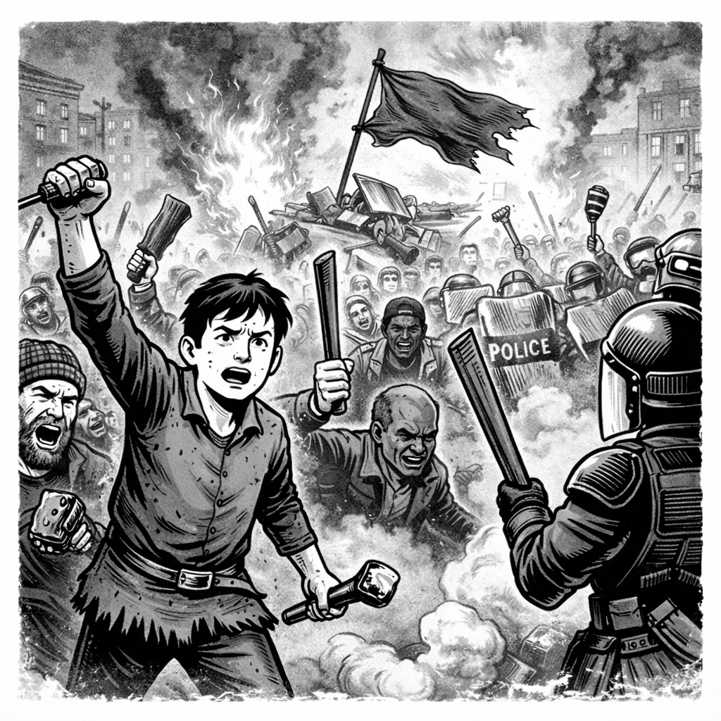 Picture of violent social rebellion.
