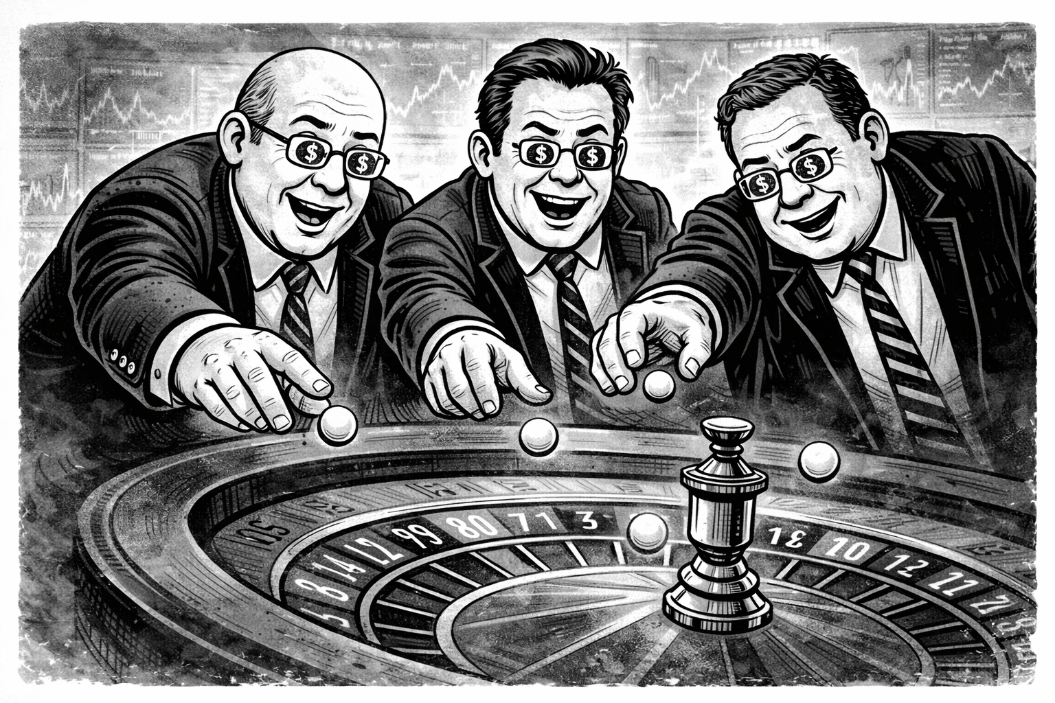 Picture showing market traders at a roulette wheel or similar analogy