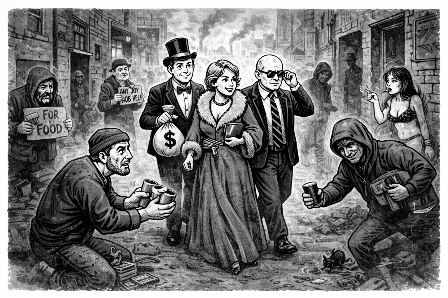 Picture of dystopian future with few very wealthy people cautiously walking down street full of people begging, scamming/hustling, prostituting themselves or lurking to commit crime