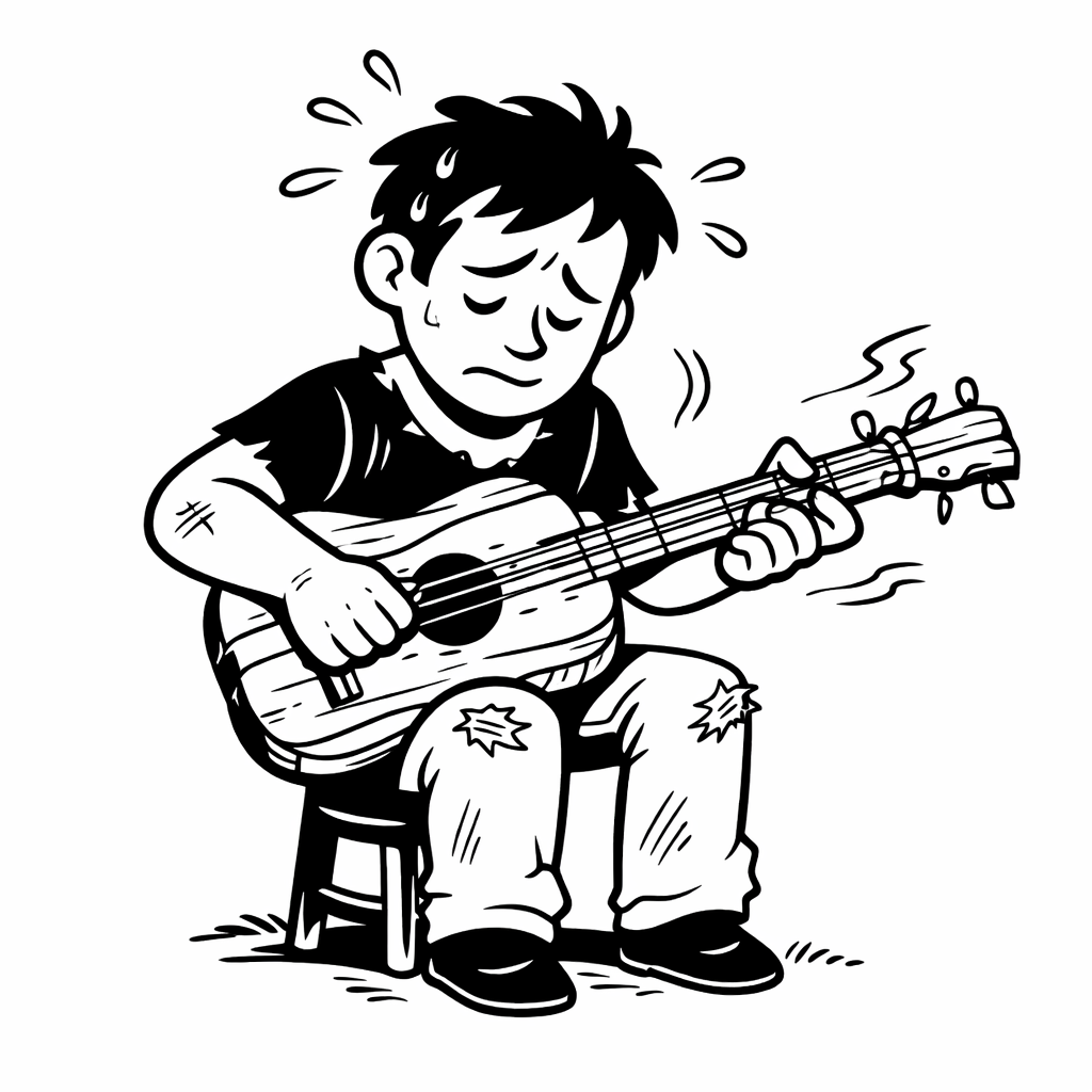 Picture of man, now looking ragged, trying to play homemade guitar, act out play etc.