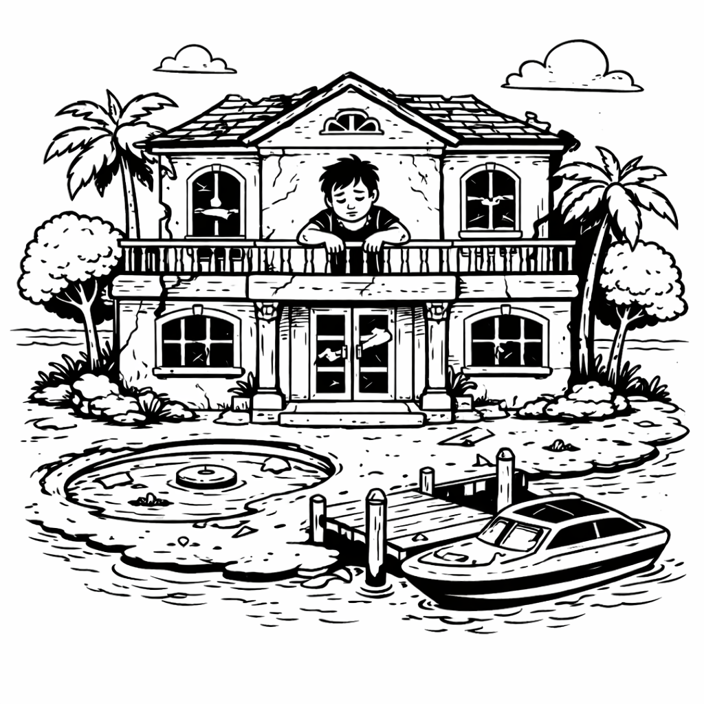 Picture of dilapidated mansions and man looking miserable again.