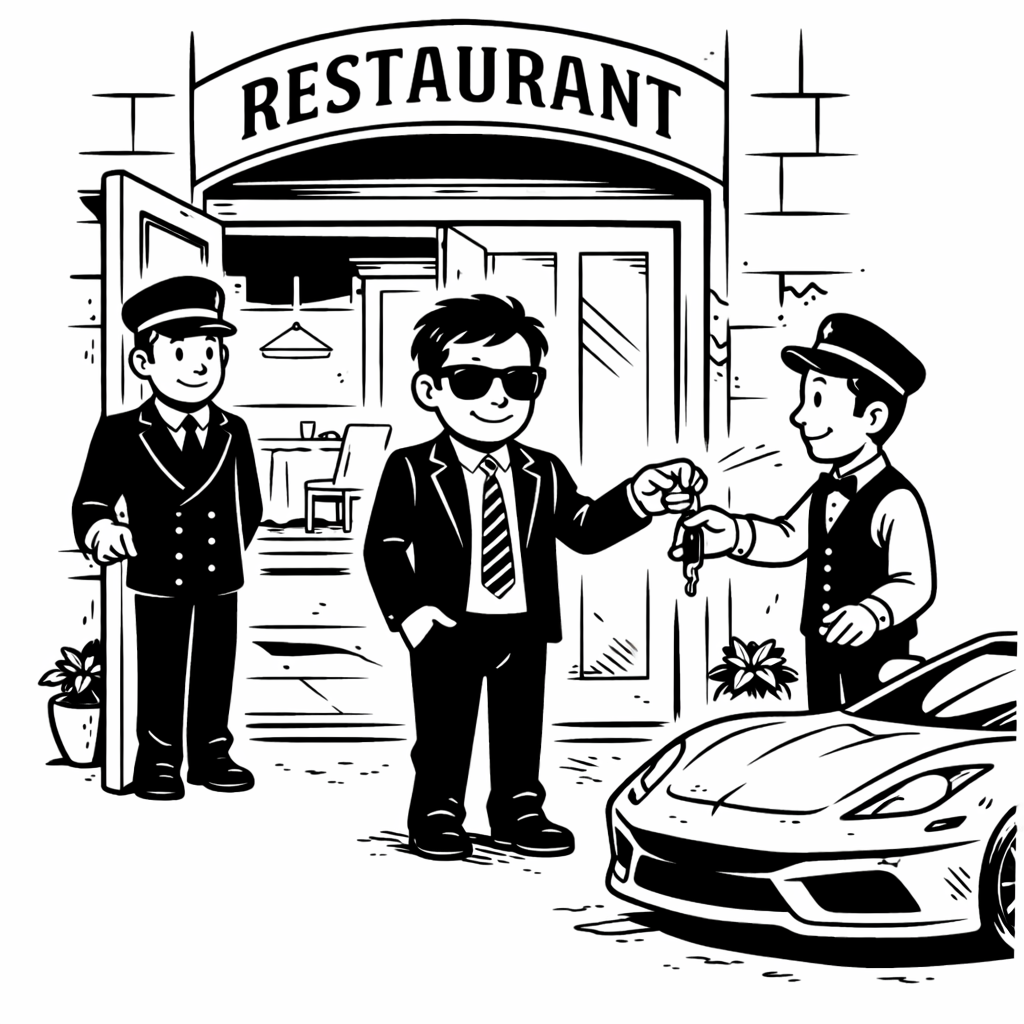 Picture of wealthy man back in society handing keys of sports car over to valet at expensive restaurant with doorman holding open restaurant door.