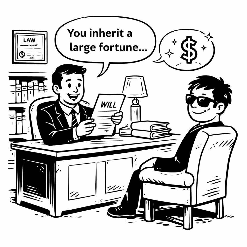 Picture of person inheriting wealth (perhaps lawyer reading from will?)